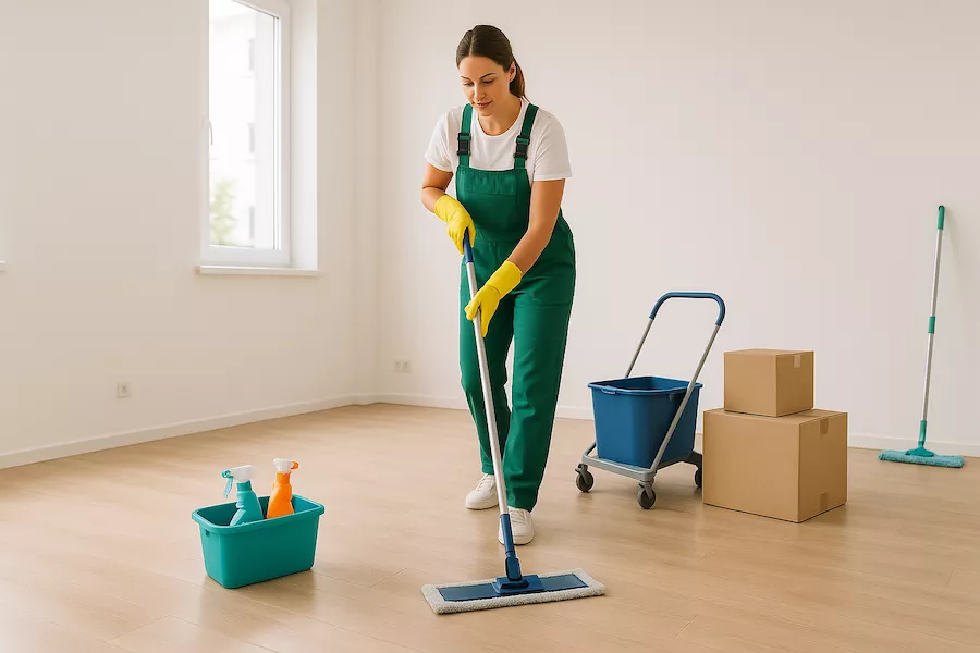 “Städare rengör tom lägenhet med moppar och trasor inför inflyttning – symboliserar professionell städning av bostad med fokus på renlighet, hygien och välkomnande miljö”